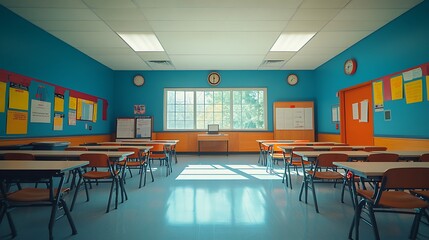 Sunlit Classroom with Wooden Desks and Blackboard
