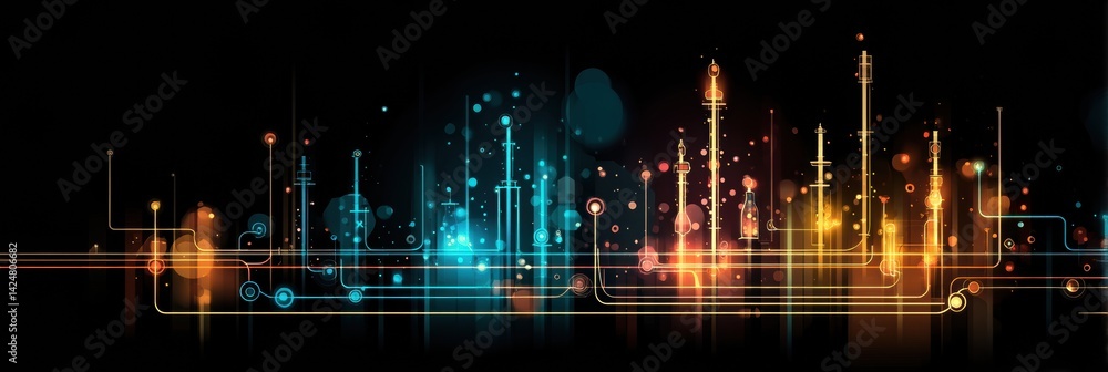 Poster Dynamic Oil Pipeline Outlines With Glowing Dots on a Dark Background Showcasing Energy Infrastructure Design