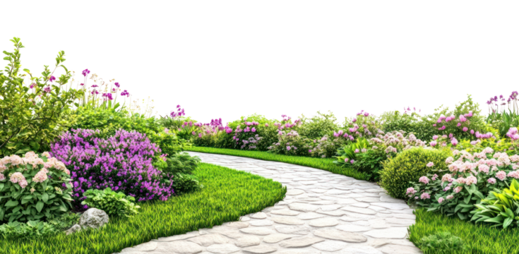 PNG Organized English garden flower path landscape.