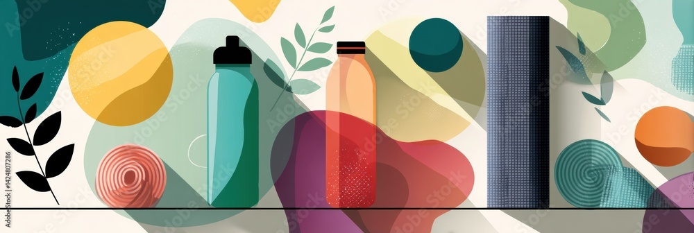Poster fitness mat and water bottle arranged in a flat design showcasing vibrant and abstract forms in a mo