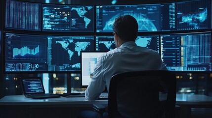 Fototapeta premium Cybersecurity Analyst Working Late at Night