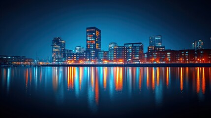 Fototapeta premium Night cityscape reflection, modern architecture illuminated, urban waterfront, tranquil waters