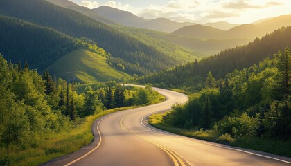 Fototapeta premium Aerial View Of Curve Asphalt Road Through Mountain Forest During Summer - Stunning Perspective Of Green Forest And Mountain Path.