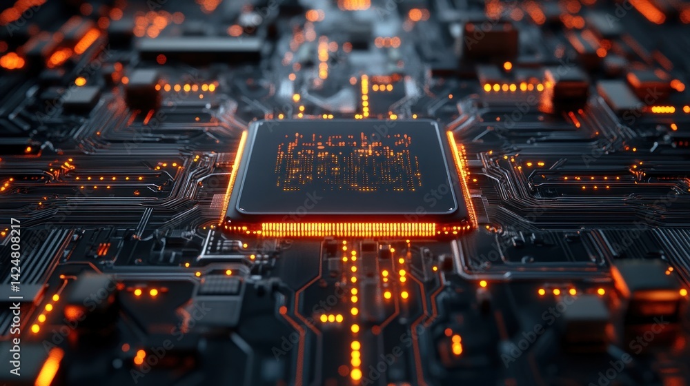 Aufkleber illuminated circuitry: a close-up of a modern microprocessor