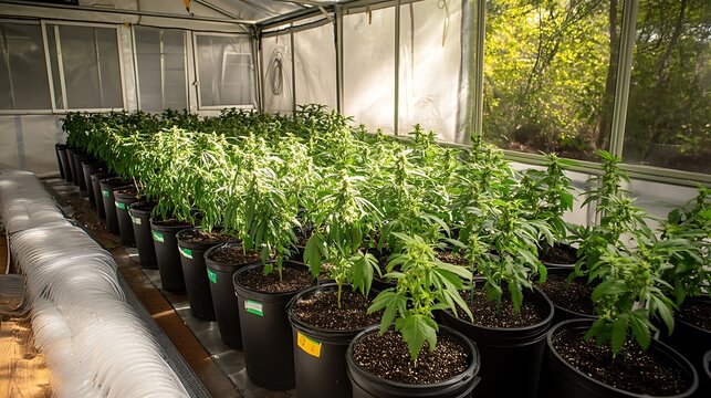 Sunlit Greenhouse with Cannabis Plants, A sunlit greenhouse filled with rows of cannabis plants in black pots