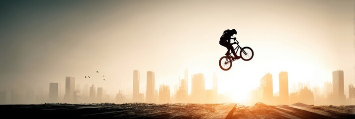 BMX Biker Performs Mid-Air Flip Against Urban Skyline at Sunset With Shadows of Buildings in the Background