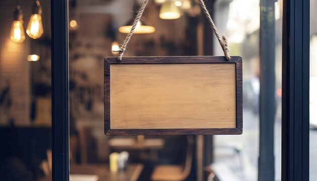 Vintage Wooden Sign Board Hanging On Glass Door In Modern Cafe Restaurant With Copy Space For Advertising, Marketing, And Small Business Owners.