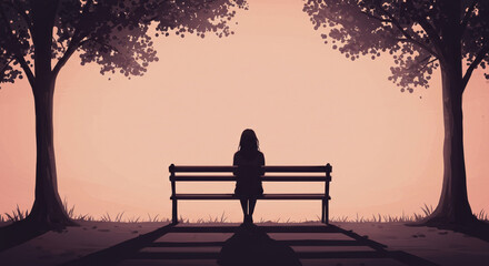 Woman sitting alone on a bench at dusk, the problem of loneliness, for social networks, websites