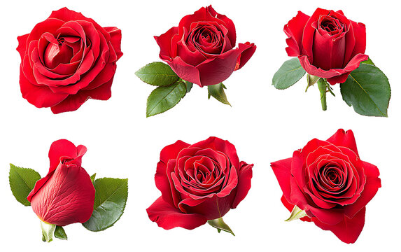 Six red roses arranged on a clean trasparent background in different angles