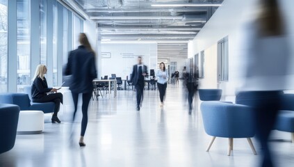 Blurred background of an office with people, white and blue colors, blurred background of business people talking in the foreground, minimalist style, white background, blurred focus Generative AI