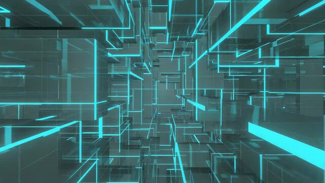 Blue lines and light effect glowing tunnel blue network of interconnected blocks and lines