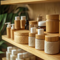 Showcasing eco-friendly products close-up of sustainable skincare bottles and containers in a natural setting for eco-conscious living