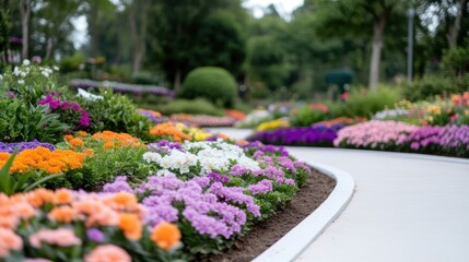 Colorful flowerbeds along a winding path in a lush garden