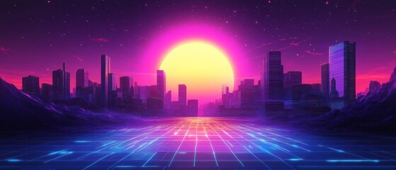 Retro Futuristic Cityscape at Sunset: A Digital Art Masterpiece