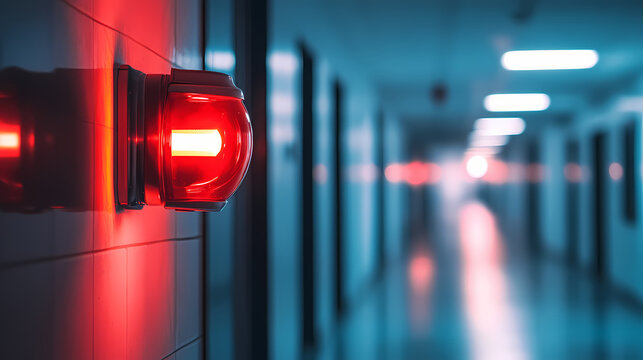 Close-up of a red emergency alarm light in a dimly lit corridor with blurred background, focusing on safety and alertness. Warden Beacon. Illustration