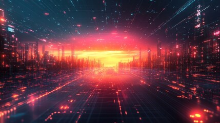 Obraz premium Cyberpunk Cityscape at Sunset: A Digital Horizon