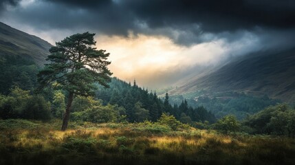 Obraz premium A serene forest landscape with dark clouds and sunlight breaking through the trees in a peaceful valley.