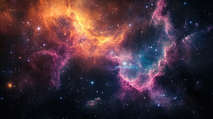 Naklejka premium A beautiful cosmic scene with vibrant colors, stars, and nebulae filling the vastness of space, inspiring wonder and imagination.