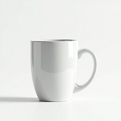 A sleek white ceramic mug designed for hot beverages, set against a clean, minimalistic background.