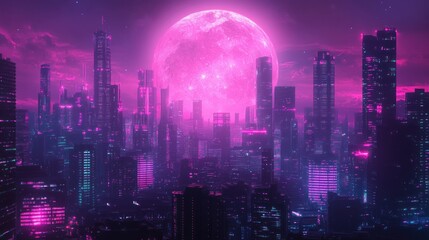 Obraz premium Futuristic Cityscape Underneath a Giant Pink Moon