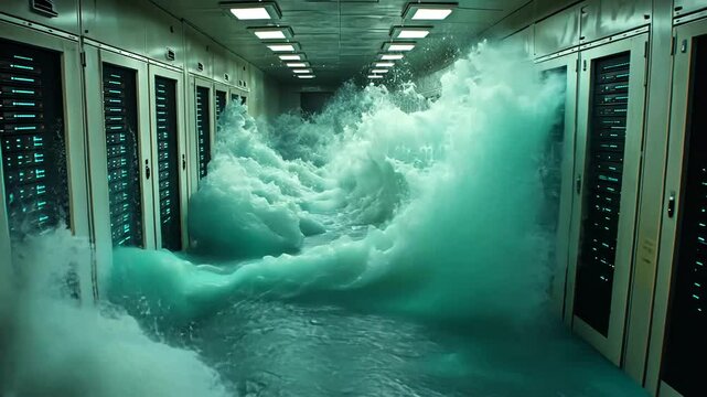 Server room flood; data center, wave, disaster