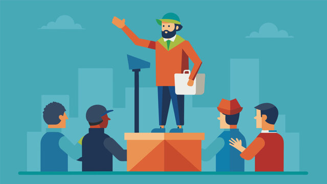 A street performer stands on a soapbox preaching about the dangers of the other and urging people to invest in products that can keep them safe from.