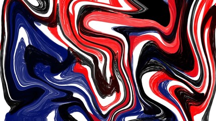A bold and vibrant abstract swirl of red, black, blue, and white, creating a chaotic yet captivating fluid motion across the canvas.