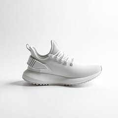 A sleek pair of modern white athletic shoes showcasing a minimalist design and lightweight construction.