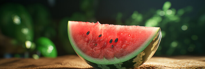 Fresh watermelon slice on warm day with blur greenery in background