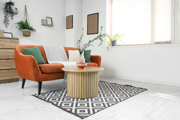 Comfortable sofa, chest of drawers and vase of eucalyptus branches on coffee table in living room