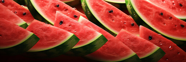 Freshly sliced juicy watermelon with seeded red flesh Banner