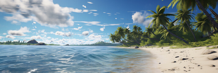 Tropical beach with palm trees and clear blue water under a sunny sky