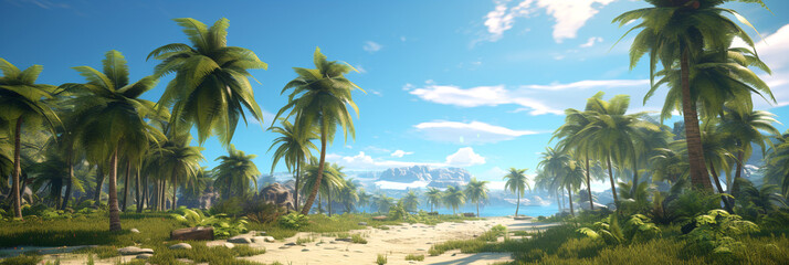 Tropical island banner. Tropical paradise with lush palm trees and clear blue sky