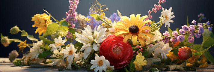 Vibrant floral arrangement with sunflowers, daisies, and wildflowers against dark blue background