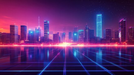 Neon Cityscape at Night: A Futuristic Metropolis Reflecting in a Glowing Grid