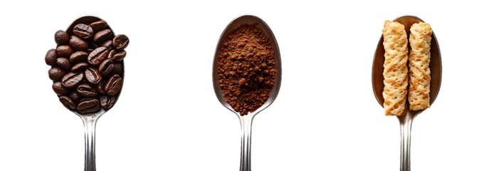 Three spoons holding coffee beans, ground coffee, and biscuit sticks on trasparent background.