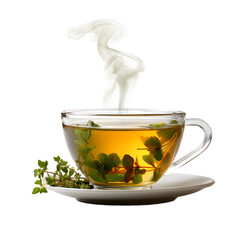 A transparent glass cup holds herbal tea, wisps of steam rise from it on a black background. A white saucer rests underneath.