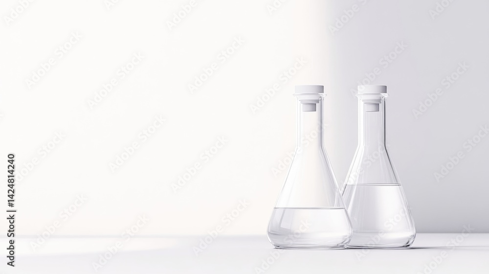 Aufkleber glass erlenmeyer flasks with liquid minimalist style high-resolution soft lighting front-view center