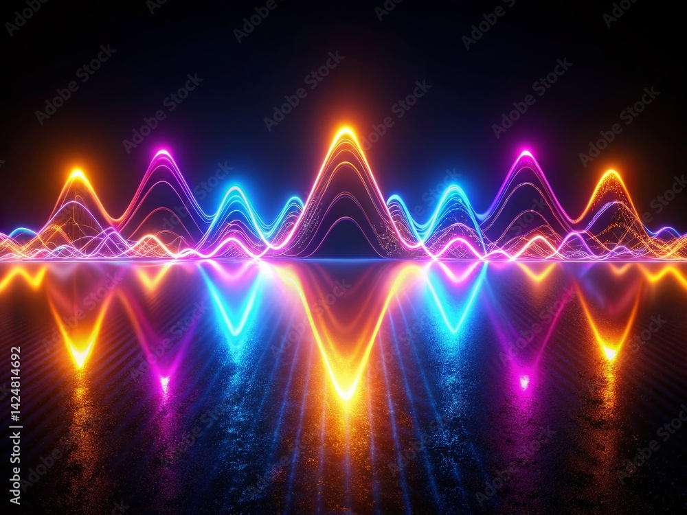 Aufkleber abstract glowing neon waveform with particle effects reflecting on dark surface - aerial view