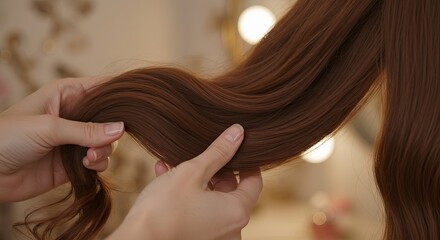 Fototapeta premium Close Up Of Woman's Long Brown Wavy Hair Being Gently Held And Styled In A Salon Setting