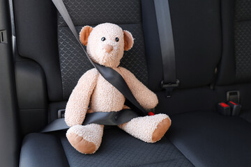 Fastened toy bear on seat in car