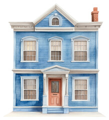 Fototapeta premium PNG Vintage blue town house illustration watercolor building.