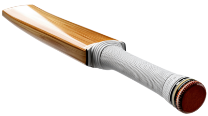 Cricket Bat: A close-up of a classic cricket bat, showcasing its well-worn wooden blade and the textured grip. The red ball at the end of the handle adds a touch of dynamism.