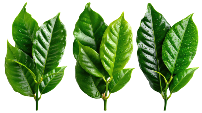 Coffee Leaves Trio: Three vibrant coffee plant leaves arranged in a pleasing composition. The leaves are glistening with water droplets, suggesting the freshness and vitality of the plant.