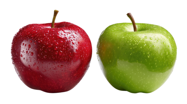 Juicy Apple Duo: A vibrant capture of two freshly picked apples, one a glossy red and the other a crisp green, offering a visual treat for health and culinary inspiration.