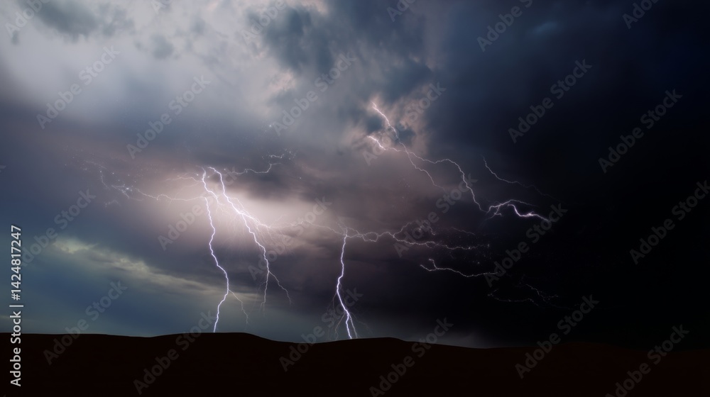 Poster dramatic lightning striking through dark clouds above a vast desert landscape, casting an intense an