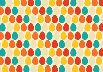 Bright seamless pattern with colorful eggs on beige background. Vector Easter texture for decoration and printing on packaging, textiles, clothing, wallpaper, etc.