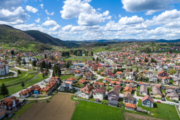 Kosjeric, aerial drone view of town in Serbia