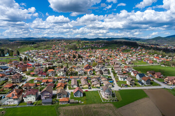 Kosjeric, aerial drone view of town in Serbia