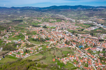 Kosjeric, aerial drone view of town in Serbia